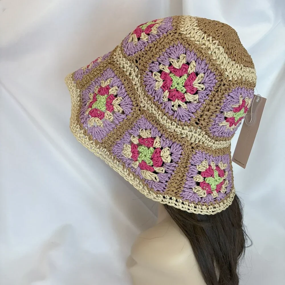BCBGeneration Straw Crochet Granny Square Bucket Hat Multicolor Size OS
